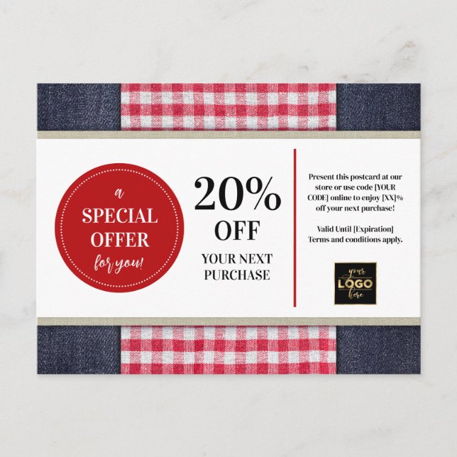Country Western Denim Gingham Coupon Discount Postcard (Front)