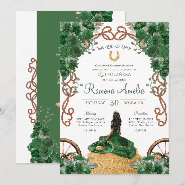 Country Western Emerald Green Floral Quinceanera  Invitation (Front/Back)