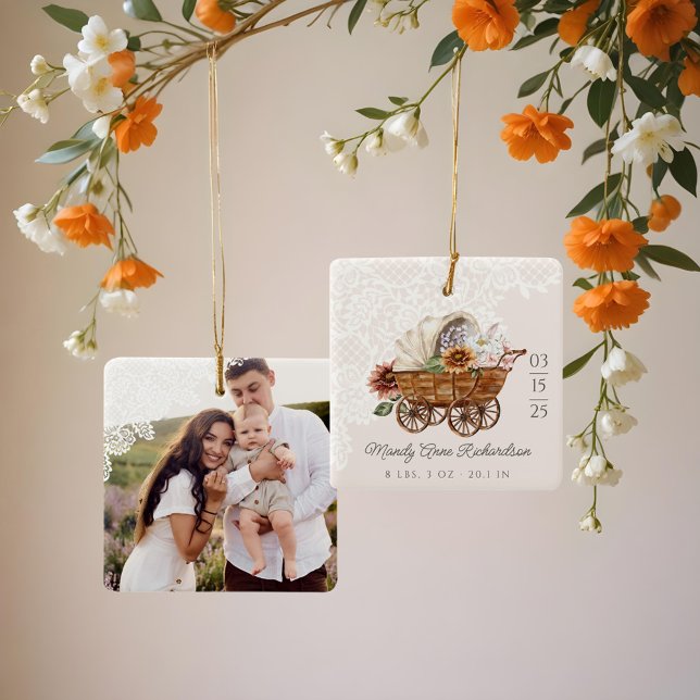Country Western Floral Wagon Baby Stats Photo Ceramic Ornament (Country Western Floral Wagon Baby Stats Photo Ceramic Ornament)