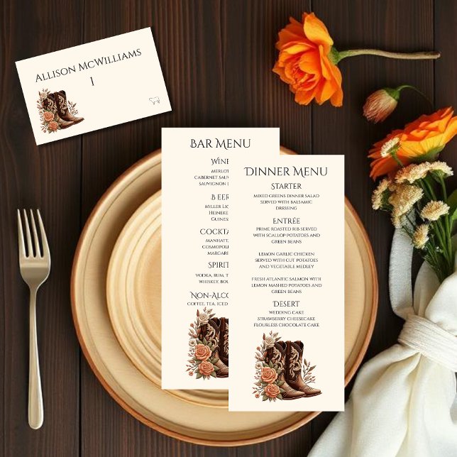 Country Western Flowers- Cowboy Boots-Vegetarian Table Number (Country Western-Flowers with Cowboy Boots-Wedding Place Cards with Meal Icons)