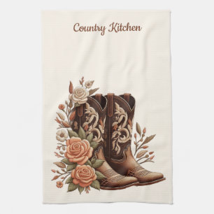 Country Western Flowers with Cowboy Boots Tea Towel