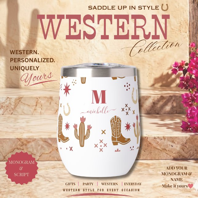Country Western Hand-Drawn Pattern Monogram Script (Country Western Pattern Boots Horse Shoes Cactus and Feathers Monogram Script Wine Tumbler)