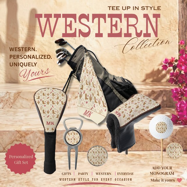 Country Western Hand-Drawn Pattern with Monogram Golf Head Cover (Country Western Pattern Boots Horse Shoes Cactus and Feathers Monogram Golf Set)