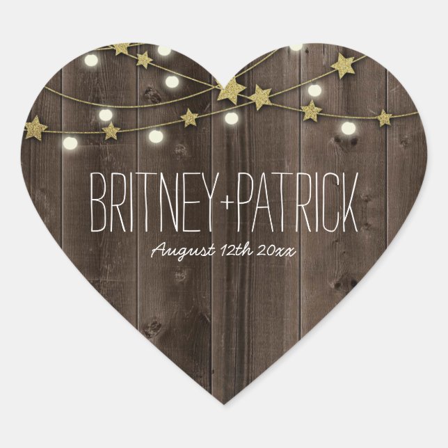 Country Western Lights & Barn Wood Wedding Favours Heart Sticker (Front)