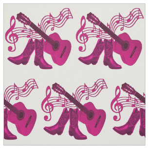 Country Western Music Dk Pink Guitar and Boots Fabric