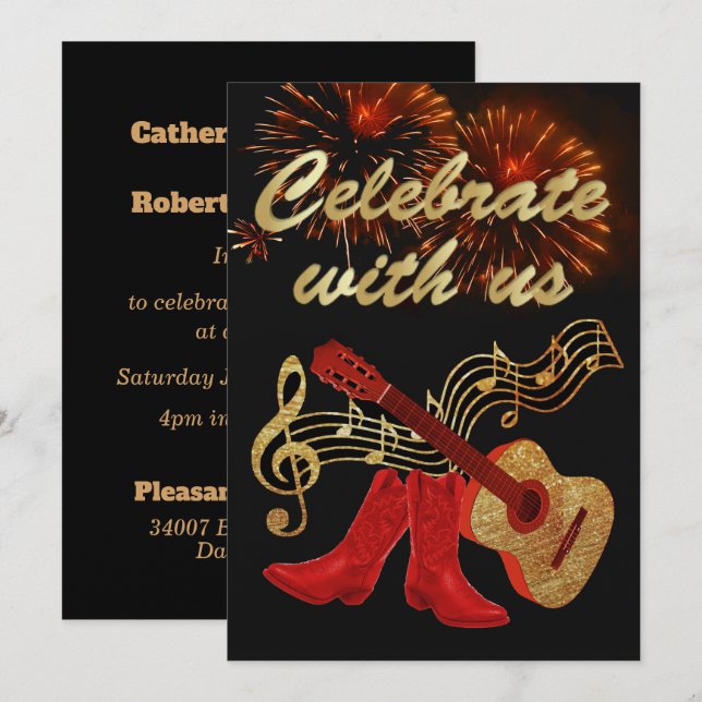 Country Western Music  Guitar And Red Cowboy Boots Invitation (Front/Back)