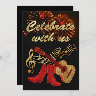 Country Western Music  Guitar And Red Cowboy Boots Invitation