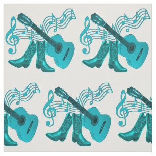 Country Western Music Lt Blue  Guitar and Boots Fabric