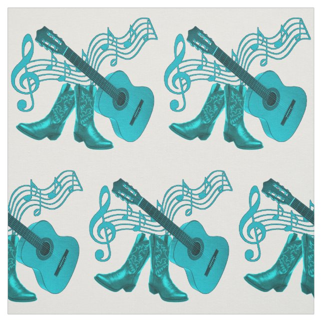 Country Western Music Lt Blue  Guitar and Boots Fabric (Swatch)