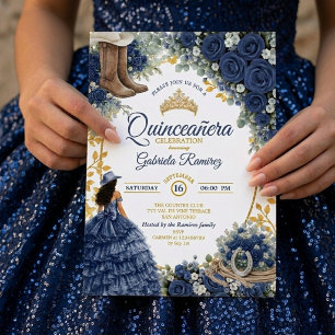 Country Western Navy Blue Roses Golden Quinceañera Invitation