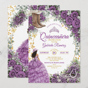 Country Western Purple Roses Golden Quinceañera Invitation