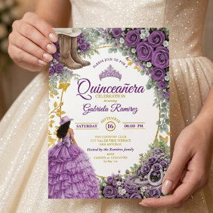 Country Western Purple Roses Golden Quinceañera Invitation