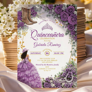 Country Western Purple Roses Golden Quinceañera Invitation