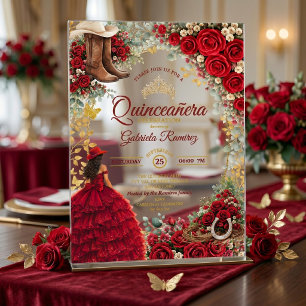 Country Western Red Roses Golden Quinceañera Acrylic Invitations