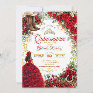 Country Western Red Roses Golden Quinceañera Invitation
