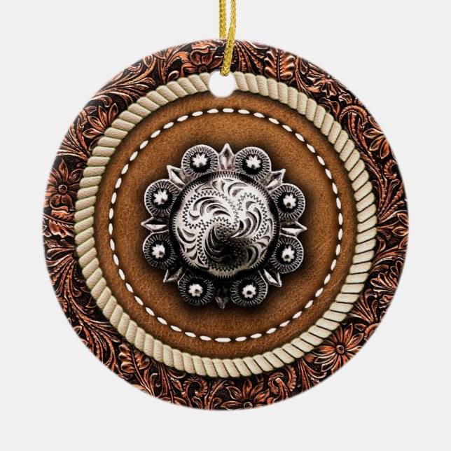 Country Western Rope and Tooled Leather Concho Ceramic Tree Decoration (Front)