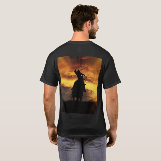 Country Western Roping Cowboy and Horse Sunset T-Shirt (Back Full)