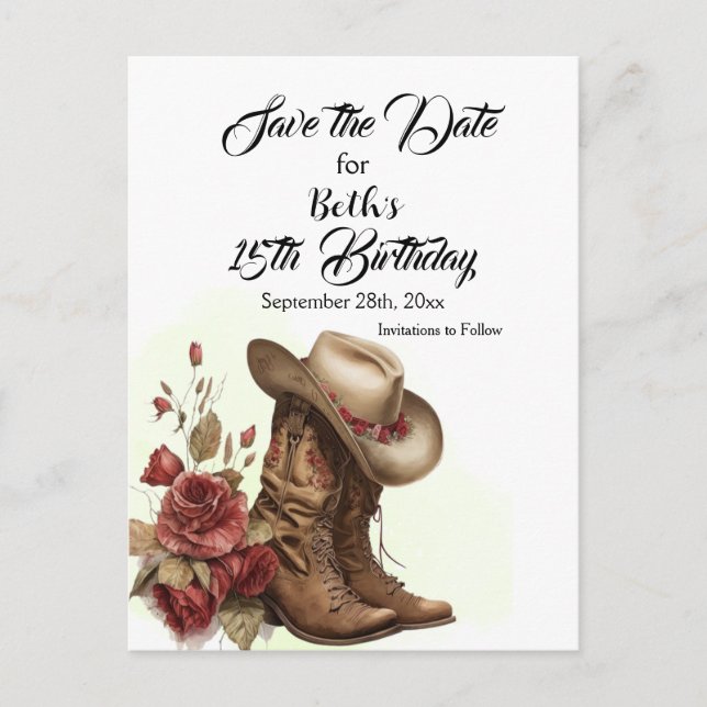 Country Western, Rose, 15th Birthday Save the Date Postcard (Front)