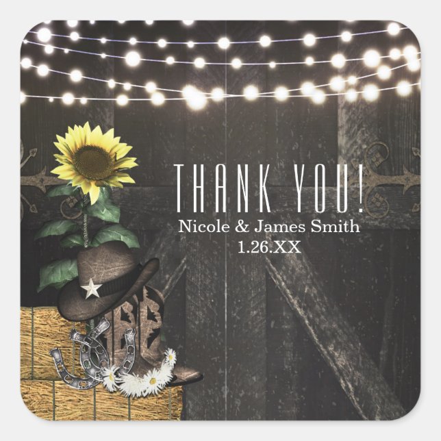 Country Western Rustic Barn Lights Wedding Favour Square Sticker (Front)