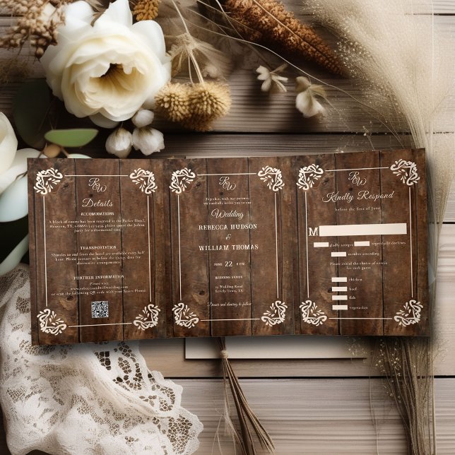 Country Western Rustic Wood Formal Trifold Wedding (country western rustic wood board wedding invitation all in one formal elegant modern cowgirl ranch )