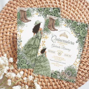 Country Western Sage Green Rose Golden Quinceañera Invitation