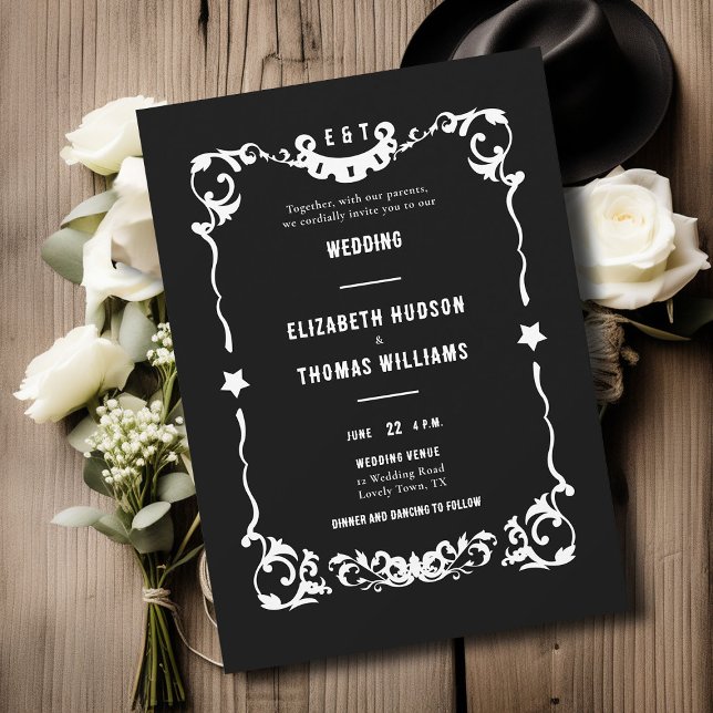 Country Western Stars Black White Formal 2 Wedding Invitation (country western black white wedding invitation vintage frame elegant formal rustic ranch barn)