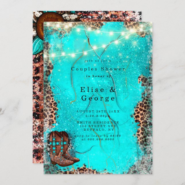 Country Western Turquoise Couple Shower Invitation (Front/Back)