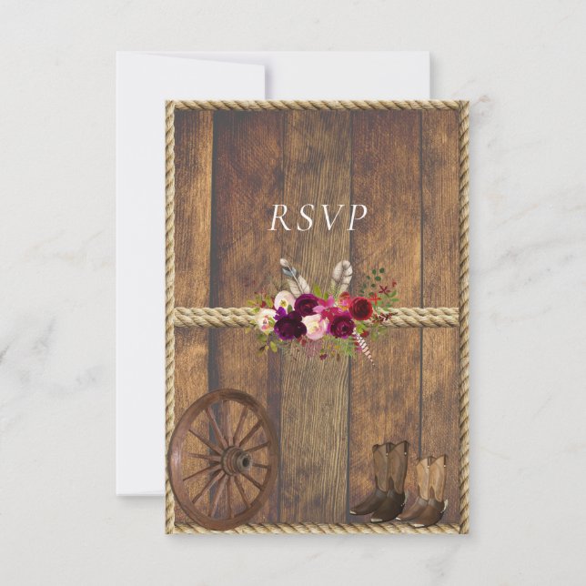 Country Western Wedding Pink Roses Feathers Rope  RSVP Card (Front)