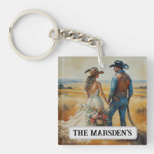 Country Western Wedding Watercolor Key Ring