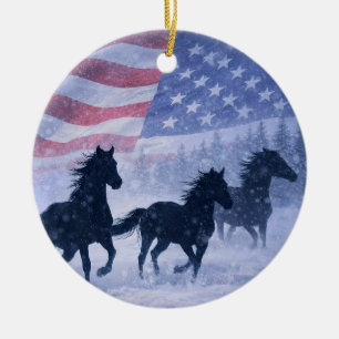 Country Western Wild Horses in the Snow Christmas Ceramic Tree Decoration