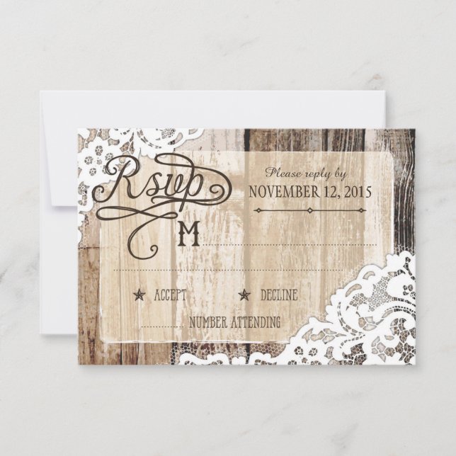 Country Western Wood Lace Rustic RSVP Card (Front)