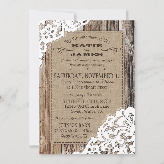 Country Western Wood Lace Rustic Wedding Invitation (Front)