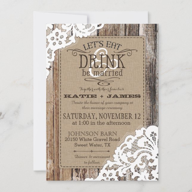 Country Western Wood Lace Rustic Wedding Invitation (Front)