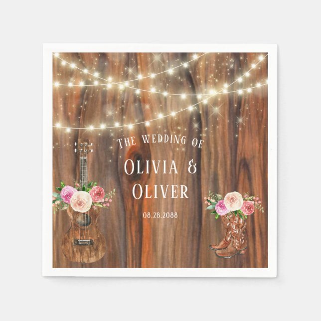 Country Western Wood Lights Violin Wedding Napkin (Front)