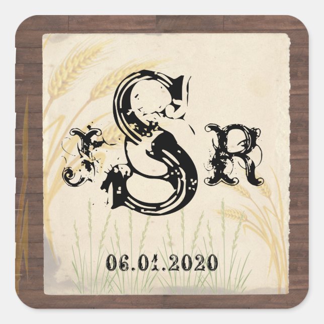 Country Wheat Grass Parchment Monogram Sticker (Front)