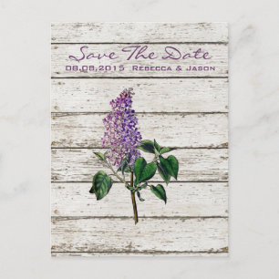 country whitewashed barn wood purple lilac wedding announcement postcard
