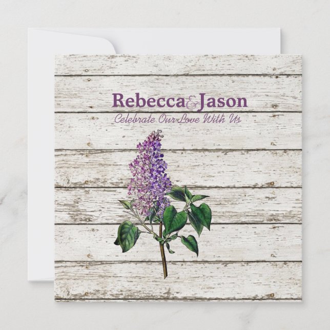 country whitewashed barn wood purple lilac wedding invitation (Front)