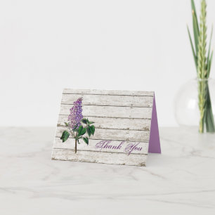 country whitewashed barn wood purple lilac wedding thank you card