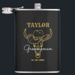 Country Wild West Cowboy Personalised Groomsmen Hip Flask<br><div class="desc">Personalised gifts for groomsmen with old western cowboy theme. Decorated with cowboy hat with vintage western font. Text and background colour are editable using the Design Tool to fit your occasion. Get this customise gift for wedding,  bachelor party,  engagement party or any other special occasions.</div>