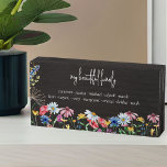 Country Wildflower Beautiful Family with Names Wooden Box Sign<br><div class="desc">Country wildflower wooden box sign personalised with your custom text, such as "my beautiful family" and the first names of your kids, in-laws and/or grandchildren. The design features watercolor country wild flowers including poppy, daisy, cornflower, coneflower, clover and seedhead. It is lettered with casual modern script and classic typography. Feel...</div>