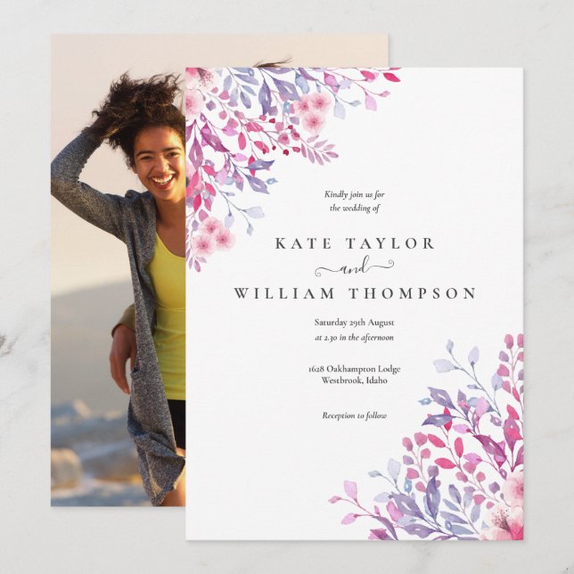 Country Wildflowers Floral Photo Wedding Invitation (Front/Back)