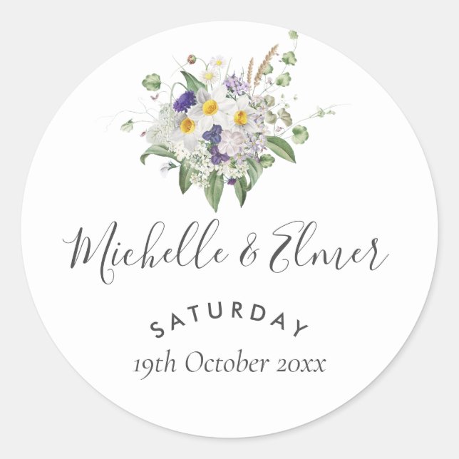 Country Wildflowers Greenery Posy Wedding Favour Classic Round Sticker (Front)