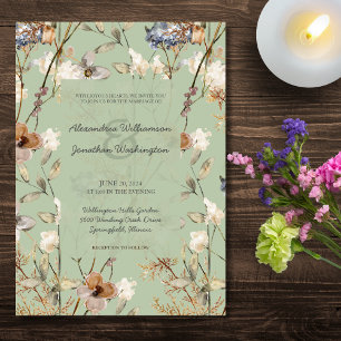 Country Wildflowers on Sage Green Wedding Invitation