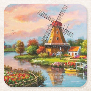 Country Windmills Fine Art Square Paper Coaster