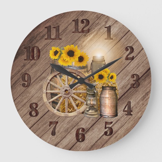 Country Wood Barrel and Sunflowers Large Clock (Front)