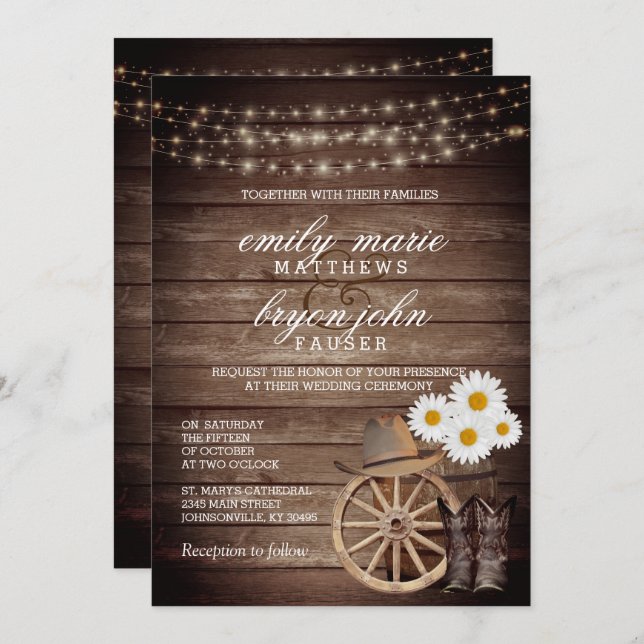 Country Wood Barrel Wedding with Daisy Flowers Invitation (Front/Back)