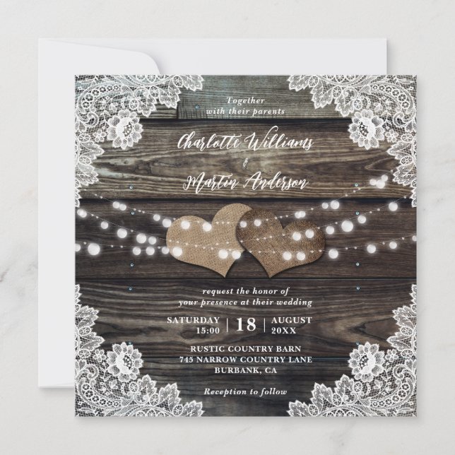 Country Wood Burlap Hearts Floral Lace Wedding Invitation (Front)