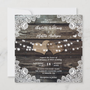 Country Wood Burlap Hearts Floral Lace Wedding Invitation