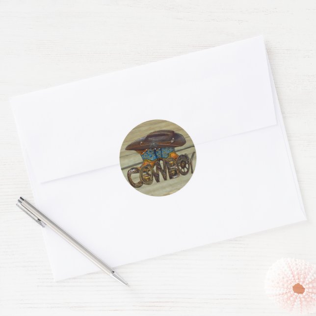 Country Wood Cowboy Classic Round Sticker (Envelope)
