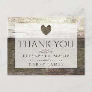 Country Wood Heart Wedding Thank You Postcard